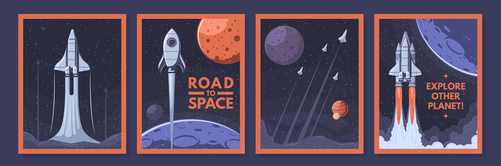 Wall Mural - Space shuttle and rockets posters. Rocket launch, explore other planet and road to space vector illustration set