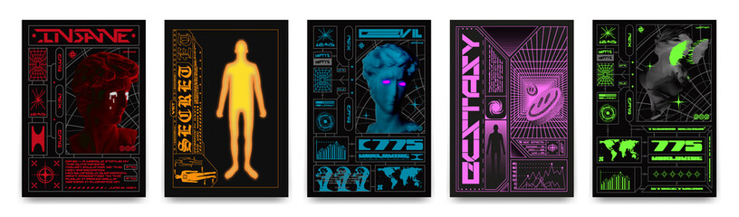 Wall Mural - collection of modern posters with heads of statues. in techno style, stylish print for streetwear, p