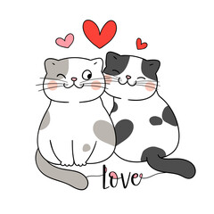 Draw couple love cats for valentines day Love concept