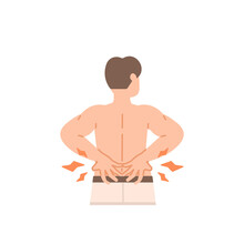 Back Or Waist Pain, Gout, Rheumatism, Muscle Pain. Illustration Of A Man Holding Or Massaging His Back To Relieve Back Pain And Relax His Muscles. Health Problems. Flat Cartoon. Character Design. Elem