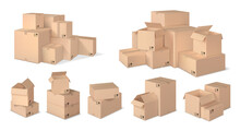 Realistic Box Stack. Stacked Cardboard Boxes, Parcel Pile And Realistic 3d Box Vector Set