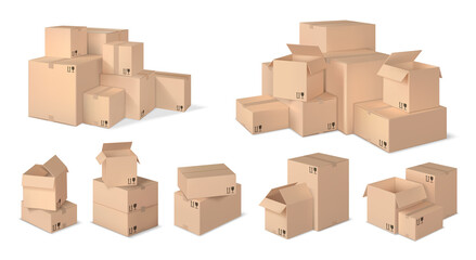 Realistic box stack. Stacked cardboard boxes, parcel pile and realistic 3d box vector set