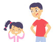 Angry yelling parent and upset child, girl ignoring man, stubborn kid covering ears