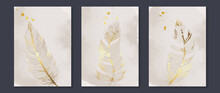 Elegant Feather Wall Art Template. Luxury Hand Drawn Wall Decoration With Bird Feathers, Wings, Gold Watercolor. Shining Foil Texture Design For Wallpaper, Banner, Prints, Covers And Interior.