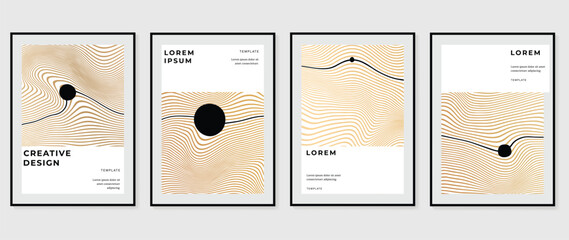 Abstract golden line cover template. Gold wave line pattern in minimal dynamic design on warm tone background. Luxury and elegant poster template suitable for prints, wallpaper and interior.