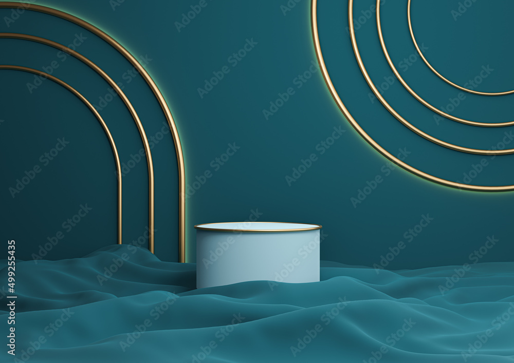 Dark teal, aqua blue 3D rendering luxurious product display cylinder ...