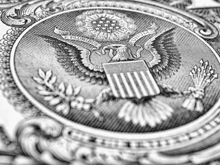 Wall Mural - 1 us dollar. fragment of banknote. reverse of bill with the great seal. the bald eagle is the nation
