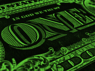 Wall Mural - american paper money. 1 us dollar bill. word one close-up. dark green inverted background or wallpap