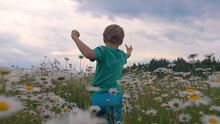 A Boy Running Through A Field With Daisies. Creative. A Small Child With Long Brown Hair Runs Through A Field With White Small Flowers In Front Of Tall Trees In Front Of A Blue Cloudy Sky.
