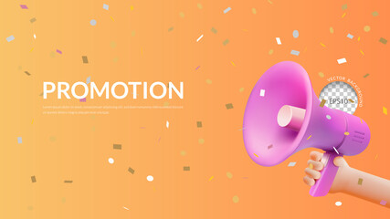 Promotion banner, 3D hand holding pink megaphone with confetti on orange background, Vector illustration