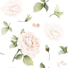 Seamless Pattern With Watercolor Bouquets Of Pink Roses And Leaves
