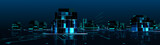 Fototapeta  - Panorama view of Digit tron City Building. Abstract Technology Transformation Cityscape View Background. 3D Render