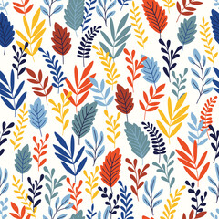  Botanical vector background. Cute colorful seamless pattern with hand drawn leaves and branches. Simple trendy floral print for fabric, wallpaper, stationery, wrapping paper