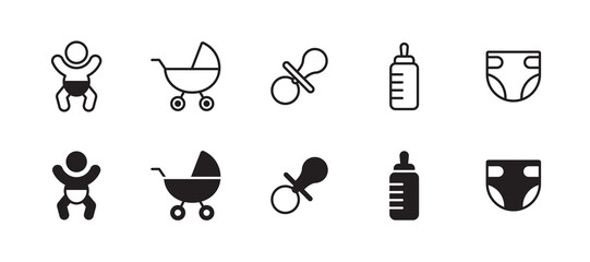 baby symbol set. baby's attributes collection. stroller, pacifier, feeding bottle, diaper. vector.