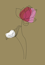 Lotus Flower Flat Icon. One Line Drawing Art. Abstract Minimal Sketch. Vector Illustration.