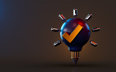 Wall Mural - creative pencil icon with attached lightbulb check mark on dark background 3d render concept for