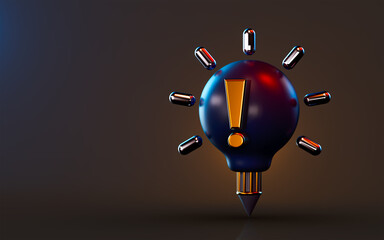 Wall Mural - creative pencil icon with attached lightbulb exclamation mark on dark background 3d render concept