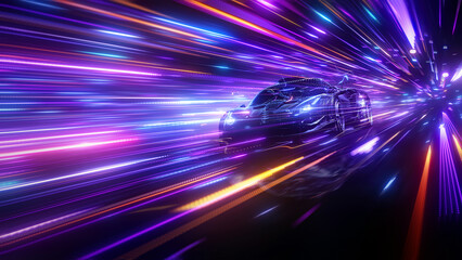 Speeding Sports Car On Neon Highway. Powerful acceleration of a supercar on a night track with colorful lights and trails. 3d render