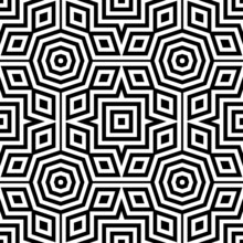 Vector Symmetrical Geometrical Seamless Pattern. Abstract Black White Background. Optical Illusion. Kaleidoscope Ornament.