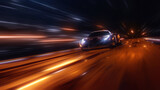 Fototapeta Do przedpokoju - Speeding Sports Car On Neon Highway. Powerful acceleration of a supercar on a night track with colorful lights and trails. 3d render
