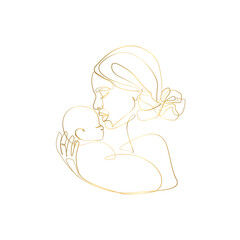 Wall Mural - Mother Holding a Baby Print, Printable Nursery Gold Line Art, Mother and Baby Wall Line Art, Minimal Line Art, Mother and Child Line Drawing	