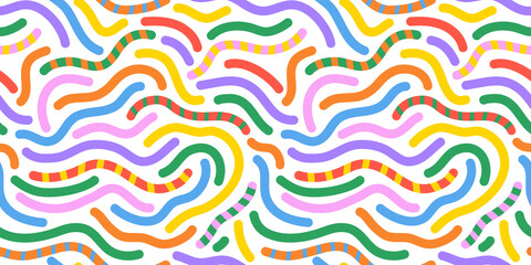 Colorful line doodle seamless pattern. Creative minimalist style art background, trendy design with basic shapes. Modern abstract color backdrop.