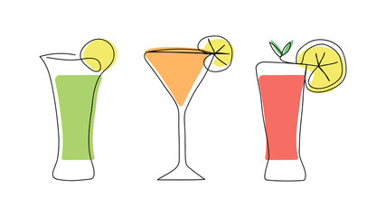 Wall Mural - Cocktails set, one continuous line. Vector linear abstract illustration.