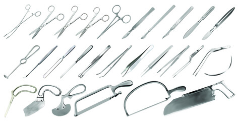 surgical instruments set. tweezers, scalpels, plaster and bone saws, amputation and plaster knives, 