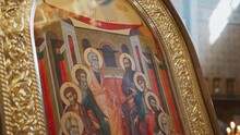 Holy Icon Depicting The Apostles In The Church. Followers Of God In The Picture. Religious Objects. Christianity. People Worship God And Believe In His Miracles