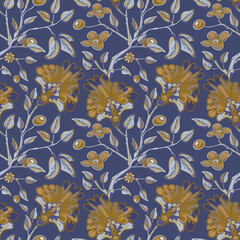 Wall Mural - Jacobean embroidery floral seamless pattern. Fantasy baroque blue print with leaves and brown flowers. Hand drawn oriental tiles. Vector laced decorative background. Floral textile.