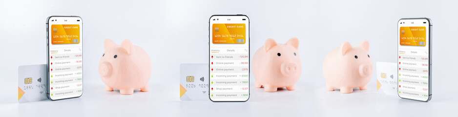 Online banking collection. Mobile phone with internet online bank app. Pig bank with credit card on white background. Save money business wallet set.