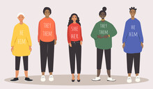 Vector Illustration On The Theme Of Gender Diversity, People With Non-binary Gender Identity, Transgender People. People And Pronouns. Trend Illustration In Flat Style