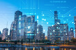 Leinwandbild Motiv City view of Downtown skyscrapers of Chicago skyline panorama over Lake Michigan, harbor area at sunset, Illinois, USA. The concept of cyber security to protect confidential information, hologram
