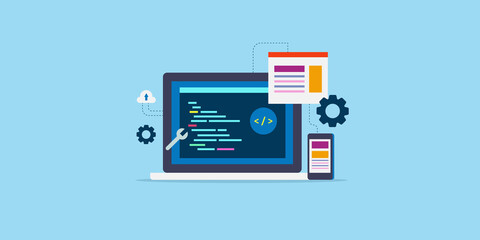 Wall Mural - web development technology, software application programming, coding data on laptop, responsive web 