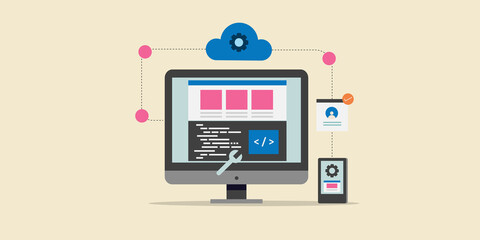 Wall Mural - web development - programming coding, source code on computer monitor, cloud application technology 