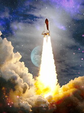 Shuttle Launch In The Clouds To Outer Space. Dark Space With Stars On Background.Spaceship Flight. Elements Of This Image Furnished By NASA