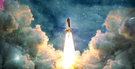 Wall Mural - shuttle launch in the clouds to outer space. Dark space with stars on background.Spaceship flight. Elements of this image furnished by NASA