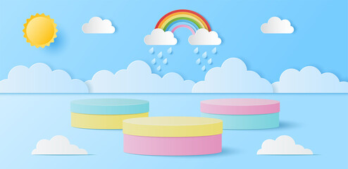 Wall Mural - Paper cut of summer banner with pastel color cylinder podium for products display presentation with sun, cloud, rainbow and drops rain. Vector illustration