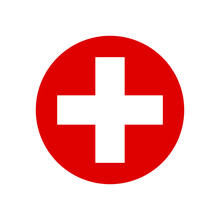 Medical White Cross Symbol In A Red Circle Vector Icon.