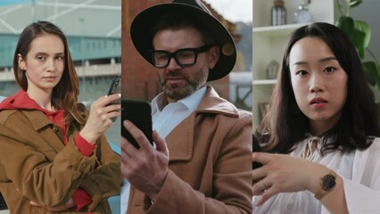 Multi-cultural young casual and business people using smartphone app social network communication outdoor. People diversity. Multiscreen. Collage.