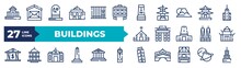 Set Of Thin Line Buildings Icons. Outline Icons Such As Moot Hall, Prison, Fuji Mountain, Brandenburg Gate, Reserve Bank, Greece, Rialto Bridge, Notre Dame, Buddist Cemetery Vector Collection.