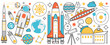 © lembergvector - Rocket launch and space science technology. Astronaut in suit, satellite, ufo ship and astronomy objects fly in cosmos with planet and comet meteor in infographic concept banner, thin line art design