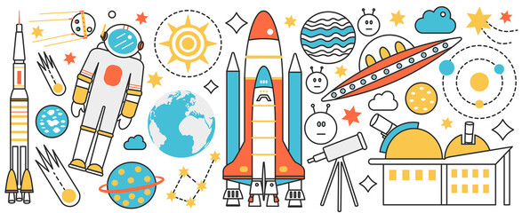 Poster - Rocket launch and space science technology. Astronaut in suit, satellite, ufo ship and astronomy objects fly in cosmos with planet and comet meteor in infographic concept banner, thin line art design