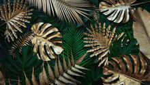 Creative Nature Gold And Green Background. Tropical Leaf Banner Or Floral Jungle Pattern Concept.