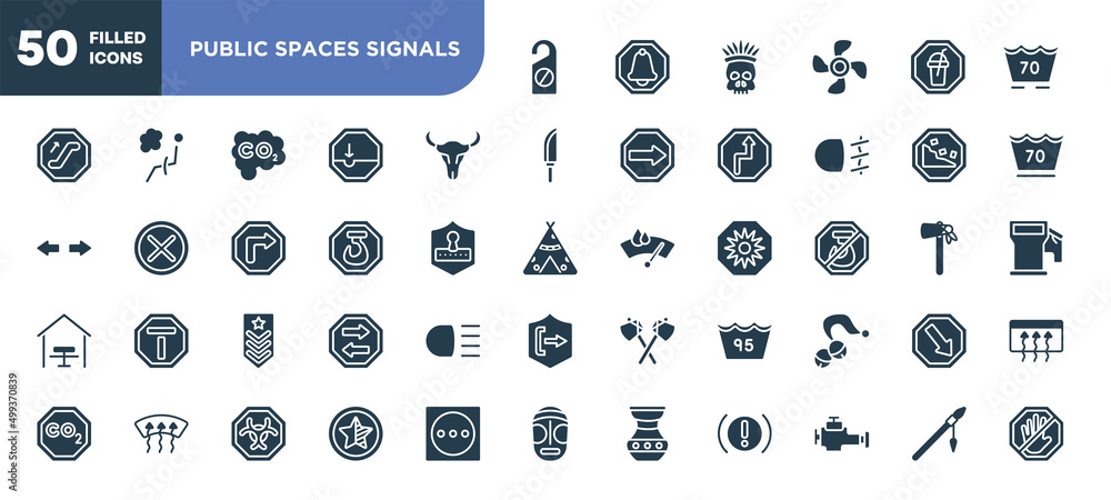 Decoding Spaces Icon set of 50 filled public spaces signals icons. editable glyph icons ...