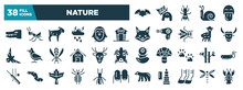 Nature Glyph Icons Set. Editable Filled Icons Such As Bat, Anal Gland Expression, Ant, Snail, Platypus, Crocodile Vector Illustration