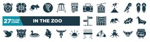 Set Of In The Zoo Icons In Filled Style. Glyph Web Icons Such As Orangutan, Tornado, Animal Aid, Parrot, Zoo, Sea Lion, Swan, Bench Editable Vector.