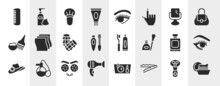 Beauty Salon Filled Icons Set. Editable Glyph Icons Such As Men Comb, Anti Aging Cream, Makeup Mirror, Cleaning Wipes, Toothbrush And Toothpaste, Eye Make Up, Cucumber Slices On Face, Bobby Pins
