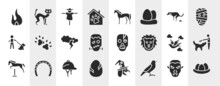 Birds Pack Filled Icons Set. Editable Glyph Icons Such As Fire Flame, Pet Hotel, Dog Shitting, Dog Paw, Zombie, Man Combing A Dog, Hat For A Jockey, Bird Of Black Feathers Vector.