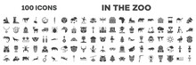 Set Of 100 Filled In The Zoo Icons. Editable Glyph Icons Collection Such As Pico Cao, Dragonfly, Pendant, Basilica, Chameleon, Squirrel, Hibernation, Beaver, Apartheid Museum Vector Illustration.